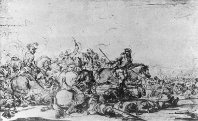 Uma Batalha de Cavalaria (giz, caneta e tinta no papel)